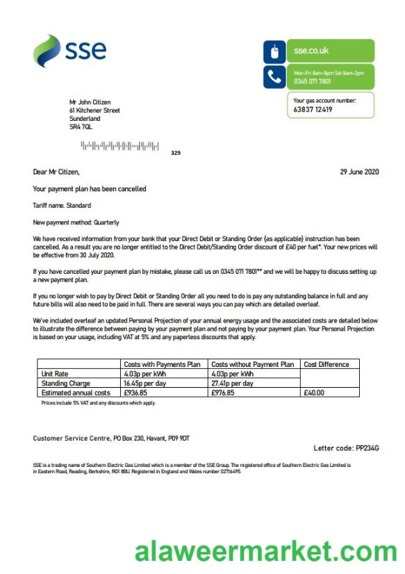 United Kingdom SSE Energy utility bill template in Word and PDF format, version 1